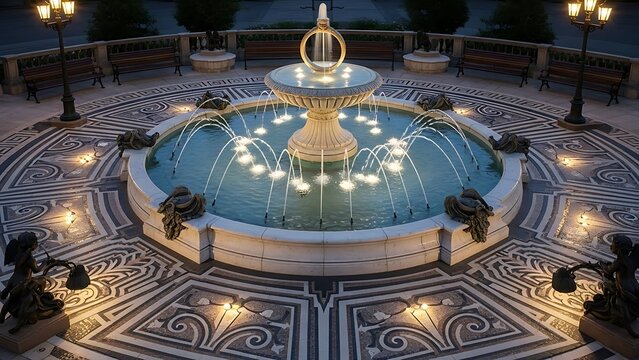 Ornate Fountain with Sculptures and Decorative Pavement at Dusk water feature