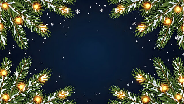 A festive Christmas background with snow-covered fir branches, glowing lights, and falling snowflakes on a dark blue backdrop.