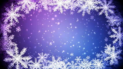A festive winter background with a frame of white snowflakes on a sparkling purple and blue gradient.