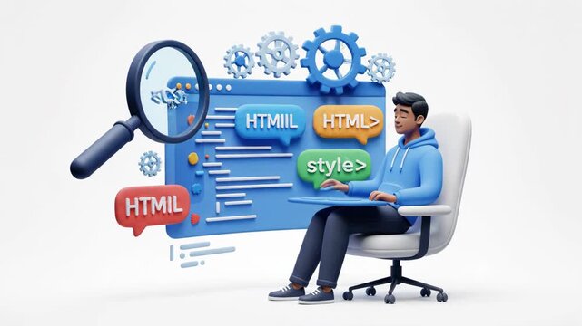 3d character programmer working on web development code with html and style tags isolated on white background