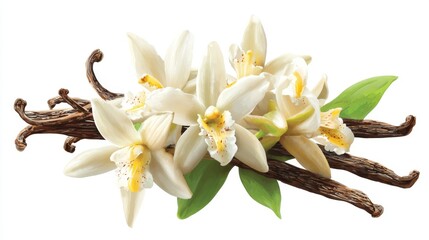 A beautiful arrangement features white vanilla flowers alongside slender vanilla pods and vibrant green leaves creating an elegant and natural composition perfect for decorative purposes.