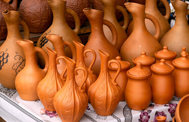 Traditional clay jugs for wine and oil in Georgia.