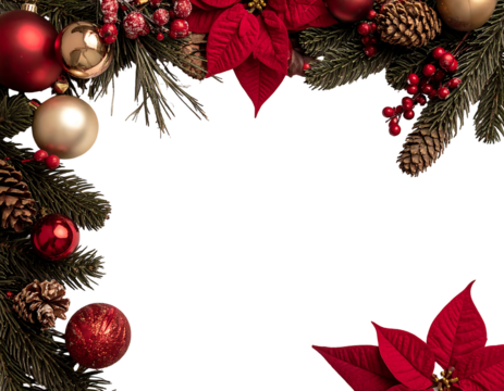 Festive holiday border design with various ornaments, poinsettias, berries, and pinecones. The dark space is perfect for text