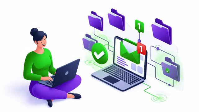Isometric illustration of woman working on laptop connected to email notification and digital file storage folders isolated on white background