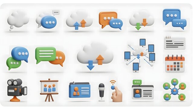 A comprehensive set of modern 3D icons illustrating digital communication, cloud technology, online collaboration, and business tools