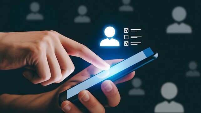 Close up of a person s hands using a smartphone with glowing user interface icons and profile silhouettes in the background