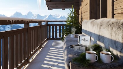 Snowy Mountain Balcony Cozy Cabin Two Mugs Pine Branches Engagement Ring Box