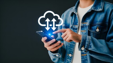 Person using smartphone to access cloud computing services with data transfer arrows and digital interface