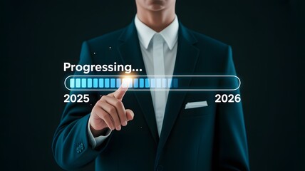 Businessman s finger touching a glowing progress bar indicating advancement from 2025 to 2026