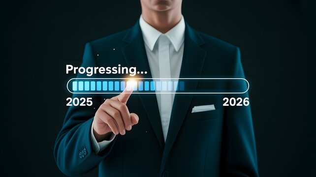 Businessman s finger touching a glowing progress bar indicating advancement from 2025 to 2026