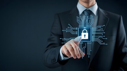 Businessman touching a glowing digital padlock icon representing cyber security and data protection
