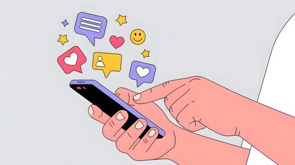 Close up of hands holding a smartphone with social media icons and speech bubbles floating upwards