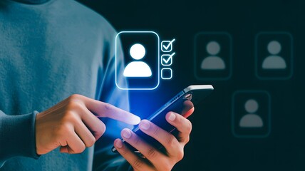 Person using smartphone to access digital profile and connect with contacts in a modern interface