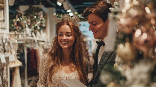 A happy couple browses through a winter wonderland shop filled with holiday decorations. They smile at each other surrounded by colorful ornaments and festive displays.