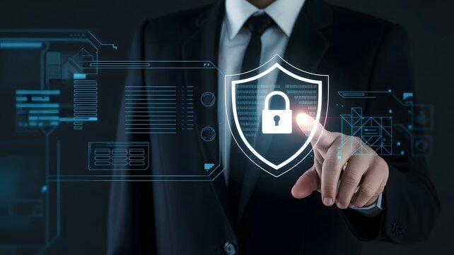 Businessman touching a glowing digital shield with a padlock symbol representing cyber security and data protection - Powered by Adobe