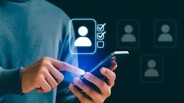 Person using smartphone to access digital profile and connect with contacts in a modern interface