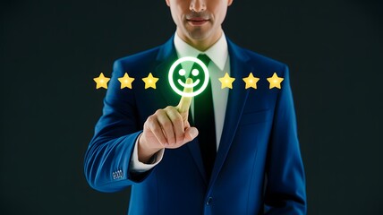 Businessman s finger points to glowing smiley face icon with five star rating against dark background