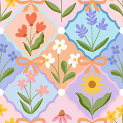 Cotton fabric Pastel floral seamless pattern with cute wildflowers sunflower daisy lavender retro boho spring garden botanical illustration repeating background for textiles and wallpaper