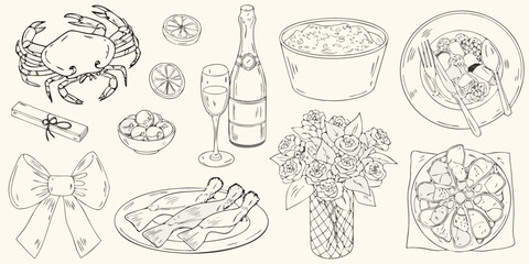 A hand drawn sketch of a celebratory seafood meal with champagne and flowers