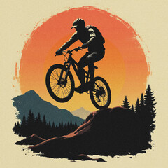 Silhouette of Mountain Biker Jumping over Rock at Sunset Scenery