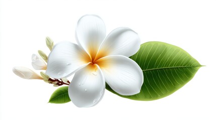 Fototapeta premium Bright white plumeria flower stands elegantly surrounded by fresh green leaves and small buds creating a serene and natural scene. The image conveys tranquility and beauty.