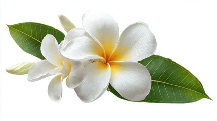 Two elegant white plumeria flowers with a hint of yellow in the center rest on lush green leaves. The composition highlights their delicate beauty and vibrant colors.