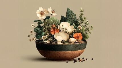Simple boho-style flat illustration of various soup ingredients--vegetables, herbs, spices--floating around a rustic soup bowl, soft terracotta and cream palette