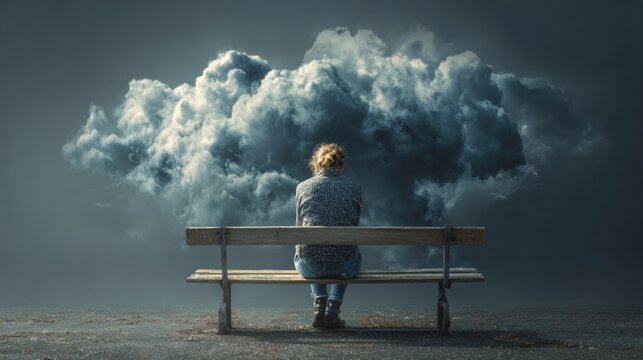 A person sits alone on a wooden bench gazing at a large looming cloud in a moody sky. This scene captures a moment of reflection and solitude evoking deep emotions.