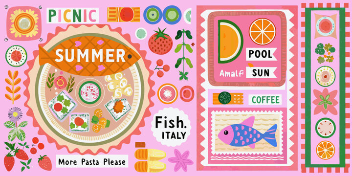 Vibrant italian summer picnic food and lifestyle elements in a playful artistic style