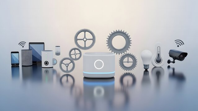 Internet of Things ecosystem with a central smart hub controlling various connected home devices for modern automation