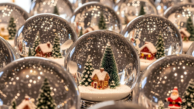 A collection of christmas snow globes close together