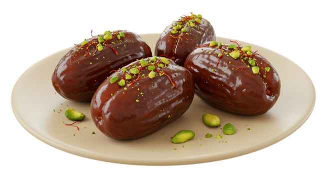 Four glossy dates with pistachio and saffron garnish on transparent background