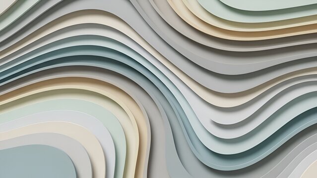 Abstract background of flowing wavy lines in soft, muted pastel colors creating a 3D papercut effect