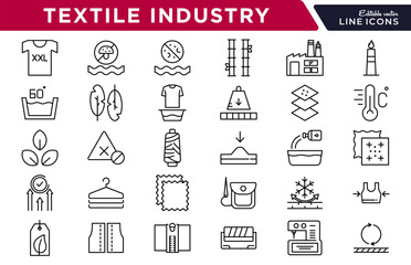 Textile Industry line icon set. Fabric, yarn, sewing, loom, pattern, clothing, apparel, tailoring, knitting, embroidery, fashion, workshop, production icons vector illustration. Pixel-perfect stroke