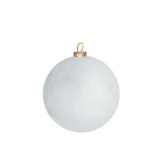 Simple white glass bauble for Christmas New Year tree decoration. Holiday clipart. Hand-drawn watercolor illustration for festive design of postcards, scrapbooking, packaging, stickers, patterns