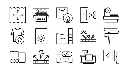 Textile Industry line icon set. Fabric, yarn, sewing, loom, pattern, clothing, apparel, tailoring, knitting, embroidery, fashion, workshop, production icons vector illustration. Pixel-perfect stroke