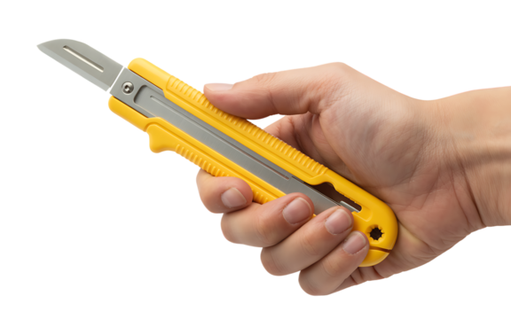 Hand holding a yellow utility knife with a sharp blade extended