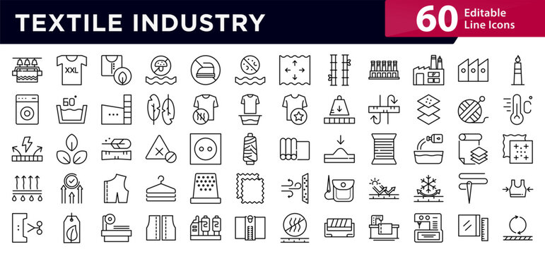 Textile Industry line icon set. Fabric, yarn, sewing, loom, pattern, clothing, apparel, tailoring, knitting, embroidery, fashion, workshop, production icons vector illustration. Pixel-perfect stroke