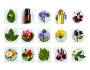 Fifteen botanical arrangements feature leaves, blooms, and amber/clear bottled essences arranged on light blue circles