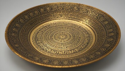 Obraz premium A vintage Saudi brass serving dish with hand-engraved geometric arabesque patterns, aged patina, subtle green oxidation, traditional Hijazi motifs, soft warm lighting, highly detailed, antique Middl