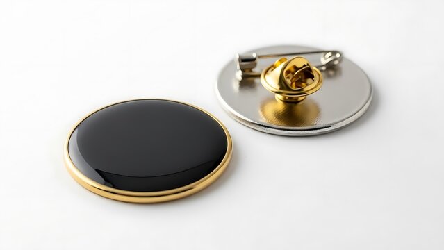 Elegant Black and Gold Round Lapel Pins on White Background.