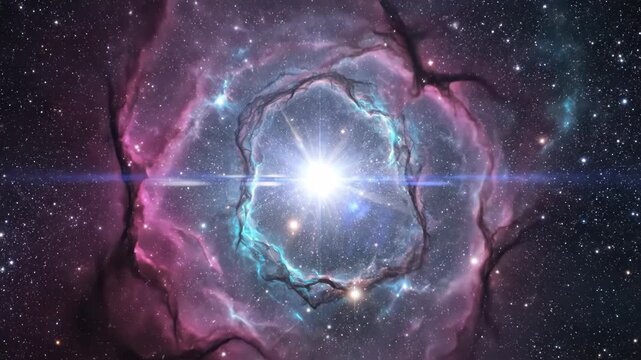 Brilliant star illuminating a colorful nebula with cosmic dust and countless stars in deep space
