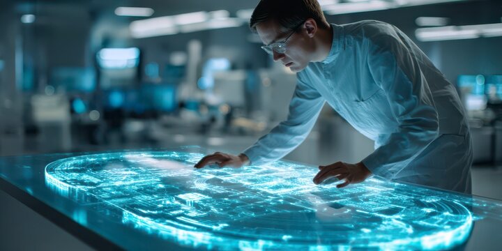 Visionary Scientist at Work: A focused scientist, immersed in a futuristic research environment, examines a holographic display. The scene evokes a sense of innovation and technological advancement.