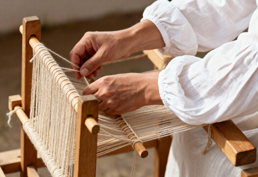 Close-up of hands weaving on a traditional wooden handloom. Artisan creating handmade textile with natural yarn. Historical craft and craftsmanship concept