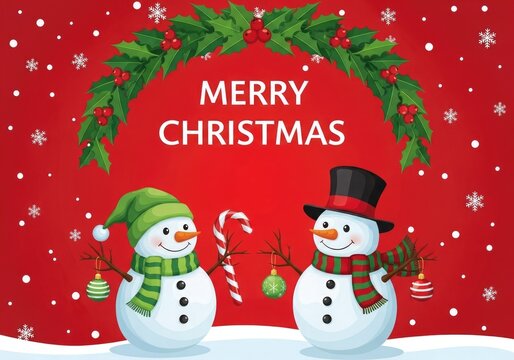 Two cute cartoon snowmen with hats and scarves holding candy canes and ornaments, with merry christmas text and falling snow