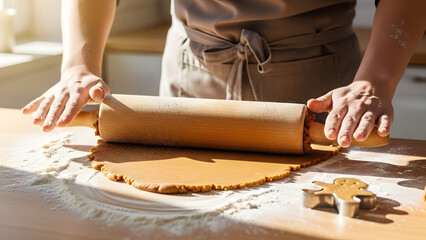Rolling dough with a rolling pin on a wooden surface