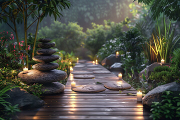 Zen garden path with stone cairn and candles for meditation and relaxation