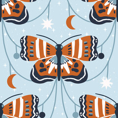 Cotton fabric Celestial butterfly moth with stars and moons in a whimsical boho night sky style seamless pattern in orange and blue on a soft light background for scrapbook wrap textile wallpaper and crafts