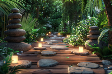 Zen garden path with stone towers and candles in a lush green forest