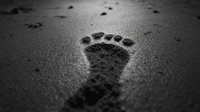 Single Bare Footprint Pressed into Damp Soil with Spotlight, Low Angle Tracking Shot
